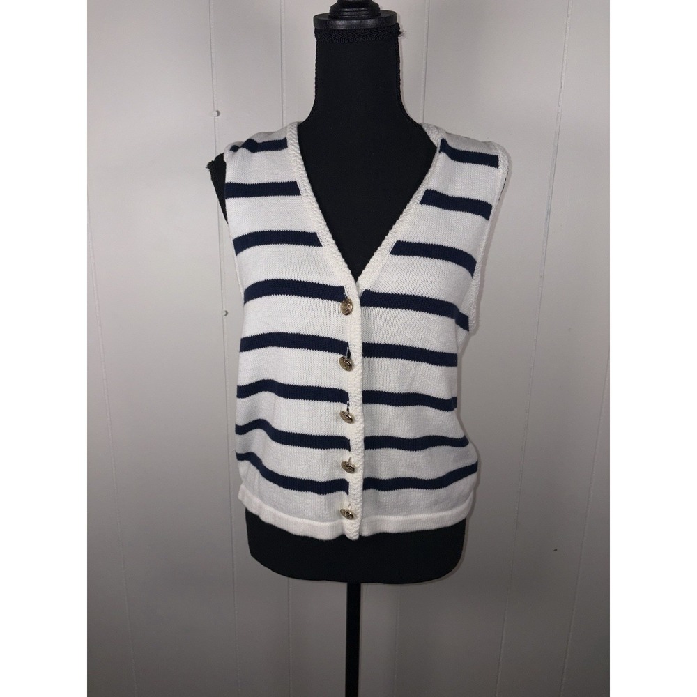 J Crew Sweater Vest Womens M Blue White Striped Button Front Nautical Preppy